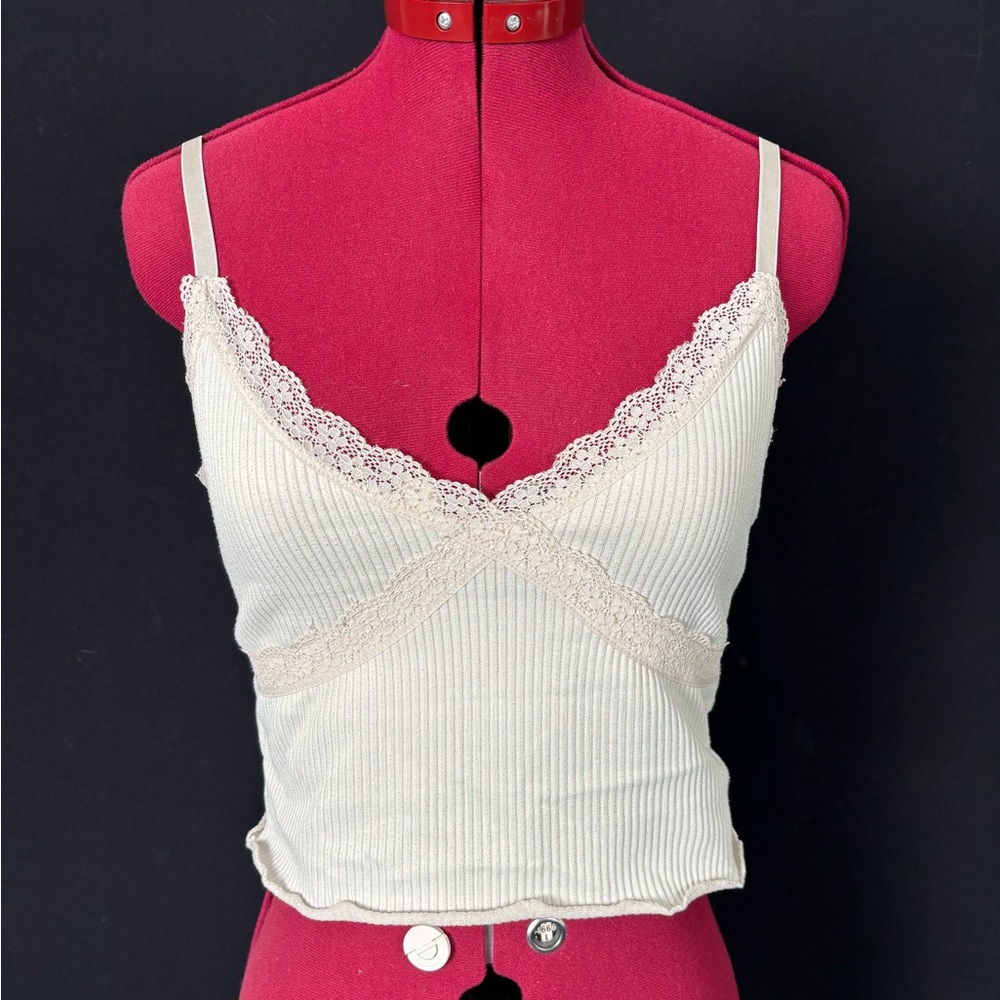 H&M Lace Trim Ribbed Tank Top - Cream